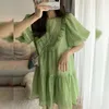 Green Maternity Summer Clothes Fashion Plus Size Pregnant Woman Clothes Puff Sleeve Ruffles Patchwork O-Neck Pregnancy Dresses 240319