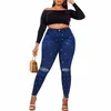 Jean skinny sexy grande taille pour femme, pantalon en denim à ourlet brut avec décor de fausses perles 13ZD #