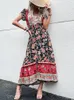 Jim Nora Vintage Floral Boho Baskılı Vestidos Kadınlar Kısa Kollu V Boyun Slit Midi Dres Bohem Yaz Plajı Dr T8AC#