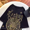 xl-4xl Rhineste Tiger T-shirts de luxe grande taille 150 kg pour femmes à manches courtes col en V lâche Cott tunique surdimensionnée dames 57gO #