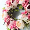 Fleurs décoratives AT14 couronne de fleurs de pivoine artificielle - porte rose de 18 pouces printemps été automne hiver avec feuilles vertes