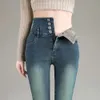 Velvet denim womens winter leggings slim fit high waisted elastic long pants straight leg slimming black elastic winter pants