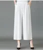 Women's Pants Fashion Wide Leg Casual Summer Linen High Waist Elastic Loose Culotte Trousers Cropped