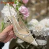 Dress Shoes Pearl Silvery Pointy Toe Sandals Mid Heel Slingback Solid Elastic Band Women's Summer Elegant Comfortable Party