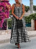 Casual Jurken VONDA Bohemian Ruches Gedrukt Zonnejurk 2024 Zomer Plaid Maxi Jurk Vrouwen Sexy Spaghettibandjes Strand Losse Lange Vestido