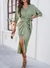 Vestidos casuais primavera verão em mulheres com decote em v único breasted flor bud saia elegante rendas até cintura verde vestido longo mulheres 2024