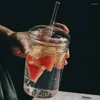 Bicchieri da vino Tazza da caffè in vetro trasparente creativo nordico Tazza da acqua per tè e latte resistente al calore con coperchio e tazza da tè per ufficio in cannuccia