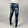High Street Fi Hommes Jeans Rétro Bleu Stretch Slim Fit Peint Ripped Jeans Hommes Patché Designer Hip Hop Marque Pantalon Hombre 06v1 #