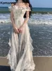 Women Fi Bohemian Print LG Dres France Elegant Ruffles Strap Beach Holiday Vestidos Korean One Piece A-Line Robe S3YJ#