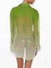 Womens Sheer Button Up Blouse Sexy Long Sleeve Mesh See Through Shirts Tops Gradation Shirt Grunge Loose Fit
