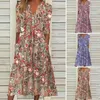 Vestidos de festa verão feminino vestido floral impressão boho casual v pescoço solto retro elegante senhoras saia bolso estilo