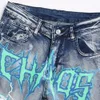 men Lightning Print Denim Jeans Holes Ripped Vintage Blue Stretch Pants Slim Tapered Trousers A1xQ#