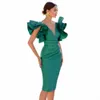 Emeral Green Satin Mother of the Bride Dr For Wedding Kne Length Column Formal Party Dr Short Ruffle V Neck Cocktail Gown E08T#