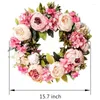 装飾的な花AT14人工牡丹の花の花輪 -  18インチピンクのドア春の夏の冬の緑の葉と