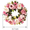 Fleurs décoratives AT14 couronne de fleurs de pivoine artificielle - porte rose de 18 pouces printemps été automne hiver avec feuilles vertes