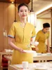 2023 Zomer Chinese Restaurant Ober Korte Mouw Geel Shirt + April Set Vrouwen Hotel Werken Uniform Hotpot Waitr Werkkleding u6cz #