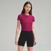 LL terno de ioga feminino, camiseta feminina de manga curta, shorts respiráveis e justos, nylon com nervuras, alta elasticidade, esportes, moda, academia, camisa de manga curta