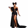 Black Full Lace Prom Dres Aso Ebi Style Sexy High Split Mermaid Case See attraverso Sweep Train Formale Party Dr A9ya#