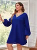 bleu col en V Dr pour les femmes Lg lanterne manches une ligne lâche décontracté longueur au genou automne tendance grande taille robes 3XL tenue de bureau 10xs #