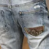 High Street Fi Homens Jeans Retro Light Blue Stretch Skinny Fit Rasgado Jeans Homens Patched Designer Hip Hop Denim Calças Hombre v3qp #