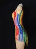 Kvinnor färgglada regnbågen Tassel Mesh Leotard Rhinestes Perspektiv fransar bodysuit scen outfit wear performance dance costume u4r5#