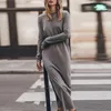 Robes décontractées Simple O-Cou Lâche Longue Robe de soirée Femmes Élégant Solide Split Boho Maxi Automne Manches Femme Pull