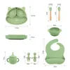 Tasses Vaisselle Ustensiles 8PCS Ensemble d'alimentation pour bébé Bol à ventouse sans BPA Assiette amovible Manche en bois Cuillère Fourchette Bavoirs en silicone Vaisselle pour enfants 240329