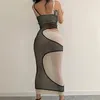 dr Donne Colore Ctrast Scava Fuori Maxi Elegante Robe Club Sexy Della Cinghia di Spaghetti Maglia Estate Skinny Dres Streetwear R9qv #