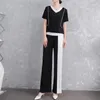 Kvinnors tvåbitar byxor Miyake Pleated Casual Suit 2024 Summer V-Neck Design Loose Fashion Niche Trouser Plus Size Color Block Print