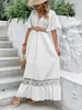 elegante solido bianco Lg Dr abbigliamento donna Bohemia Hollow Hem sexy maniche corte Dres vita alta Beach Party Maxi Dr 92e4 #