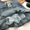 Printemps Automne Filles Jupe Plissée Bébé Denim Jupe Enfants Skort Enfants Mode Bas Extensible Taille Laçage 3-14Y 240325