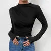 Blouses Femmes Femmes À Manches Longues Haut Polyvalent Plissé Élégant Slim Fit Pull Tops Pour Couleur Unie Demi Haute Dames