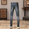 Street fi män jeans retro ons blå stretch mager fit rippade jeans män patch designer hip hop denim penna pants hombre n8eu#