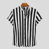 Summer Mens Black White Vintage Striped Shirts Fashion Casual Stand Collar 90 Cotton Short Sleeve Shirt For Men Oversized 240328