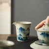 Filiżanki spodki ręcznie malowane krajobraz targów kubek ceramiczny niebieski vintage herbata morze chińskie gaźba herbaciarnia