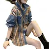 Autumn womens shirts designer blouse fashion plaid Splicing denim jacket long-sleeved shirts cardigan coat plus size