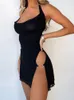 Mozisi Metal Circle Split Mini Dr pour les femmes 2023 Été Nouveau Noir Halter Backl Sleevel Bodyc Court Dr Robes A6qp #