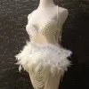 Sexy Pole Dance Bikini Mulheres Stage Performance Wear Festival Outfit Drag Queen Costume White Red Full Pearls Fur Bodysuit P8Xr #