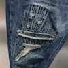 リッピングされたジーンズの男性ダークグレーストレッチカプリパンツ配布カジュアルハーレムパンツヒップホップパッチをかけた足首長さのズボンジーンズブランド＃