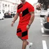 Männer Trainingsanzüge Männer Sportanzug Sommer Sport Set O-Ausschnitt T-Shirt mit Kordelzug Taille Shorts Farbblock gestreift 3D-Druck für