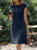 Zanzea Female Oneck dragkedja kort ärm Sundress Summer Woman Solid Dress Stylish Elegant Work ol Vintage Loose Midi Dresses 240319