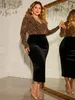 1xl 4xl plus size Dr Deep V LG Sleeve paljetter Wrap Party Dr Solid Black Kjol Sexig och bekväm Veet Evening Dr B72T#