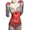 Body à pompon Lg en cristal rouge brillant pour femmes, Costumes de spectacle sur scène de chanteur, vêtements de fête de carnaval M4C6 #
