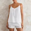 Casa Vestuário Conjunto de 2 peças feminino para salão Y2k branco sem mangas amarrar tops cami tops shorts de pernas largas conjuntos de roupa de dormir