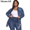 Plus Size Vintage Ripped Mid Lg manches Denim Vestes 4XL Femmes Streetwear Poches Bleu Jean Veste Harajuk Jeans Lâche Manteau W7rp #