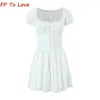 Casual Dresses Y2K Summer Holiday Style Sexig Fishbone Midjan Slimming Halter Dress White Pure Wind Tie Bubble Sleeve