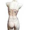 shining Diamds Nude Mesh See Through Bodysuits Stretch Sleevel Halter Leotard Nightclub Singer Dancer Show Stage Wear k6fU#