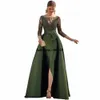 vintage Olive Green Evening Dres Lg Sleeve Lace Beaded Mermaid Dr For Women Frt Slit Formal Prom Gown Vestidos Fiesta 26Dc#