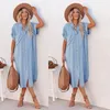 Women's Suits Women Summer Denim Shirt Dresses Short Sleeve Distressed Jean Dress Button Down Casual Tunic Top Mid-length Slit Shirtdress