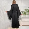 Kvinnors sömnkläder Kvinnor överdimensionerade Ice Silk Satin Women Robes Luxury Lace Long Batwing Sleeve Soft dstring midja V-ringning maxi pijama d dhwej